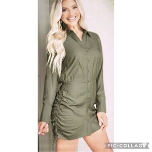 NWT HYFVE Dress Mini Ruched Drawstring Tie Hem Olive Green M Party Bodycon Chic